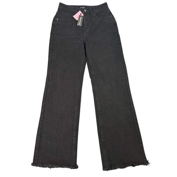 Pretty Little Things Washed Black Frayed Hem Wide Leg Jeans Size 4 - Picture 2 of 7
